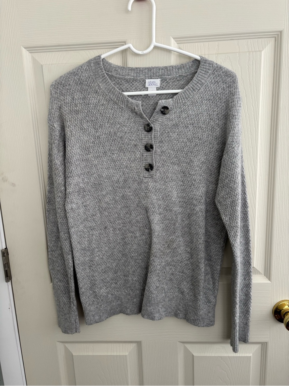 Classic Grey Henley Knit Sweater S